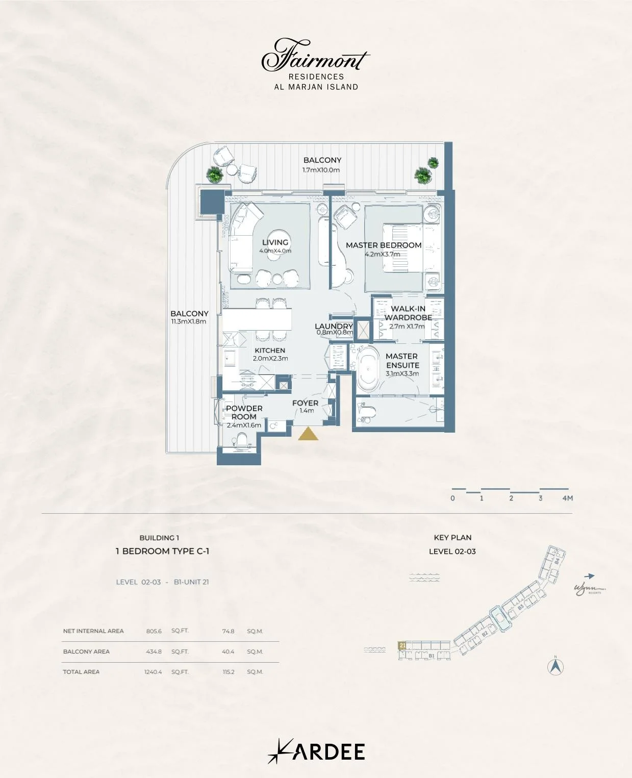 Fairmont Residences Al Marjan Island - 1 Bedroom Apartment Floor Plan Type C-1