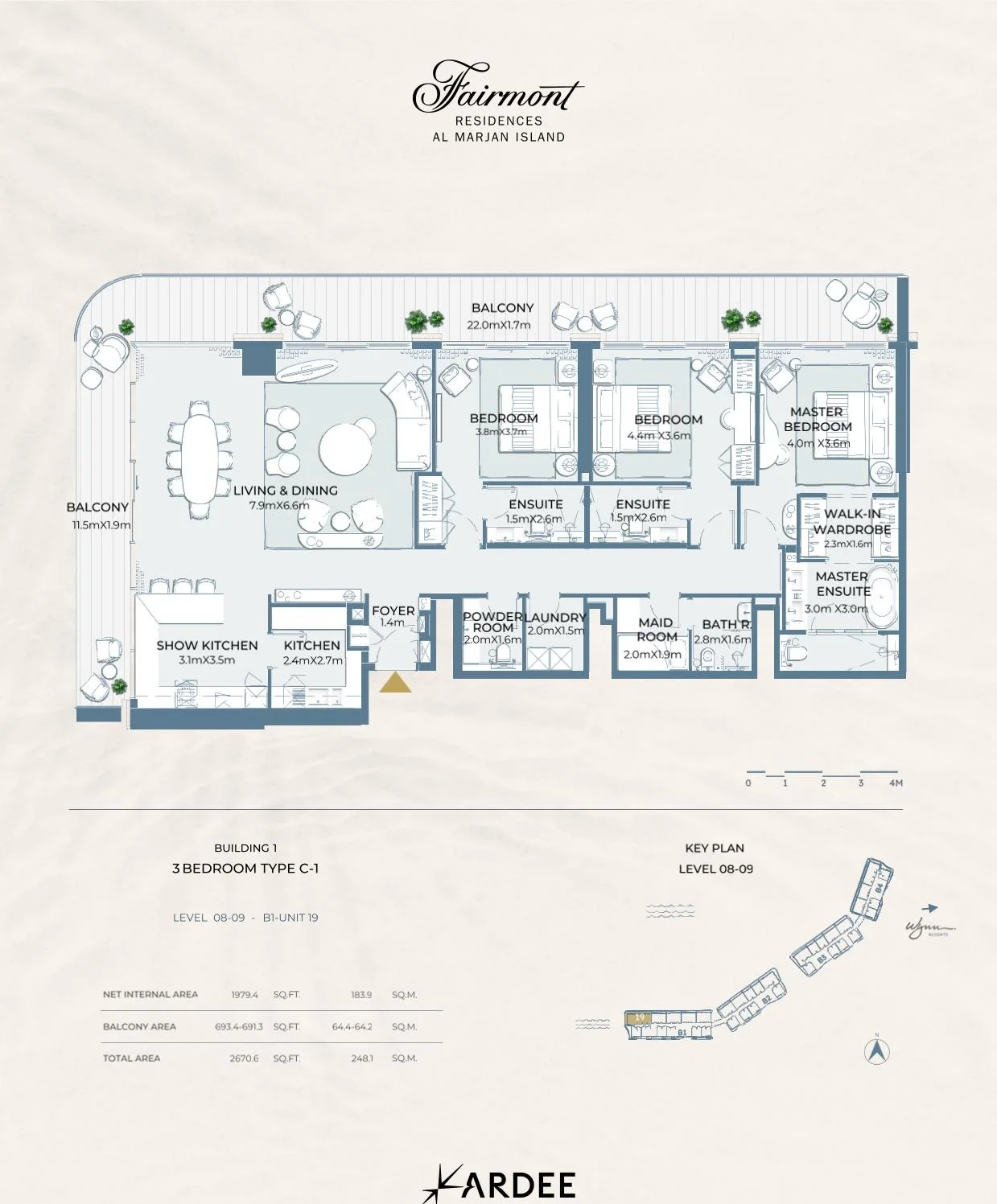 Fairmont Residences Al Marjan Island - 3 Bedroom Apartment Floor Plan Type C-1